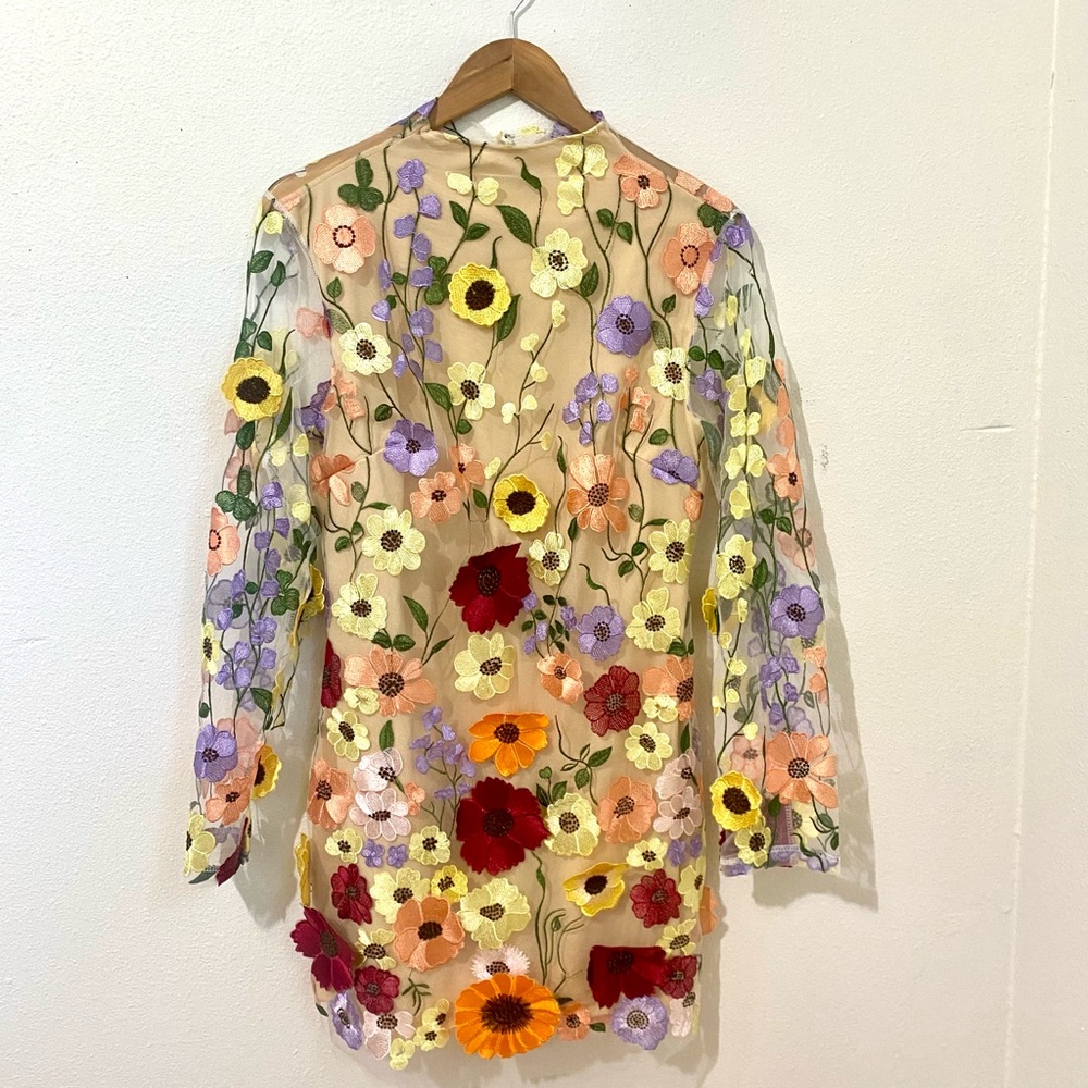 Sheer Floral Appliqué Mini Dress in Multi-Color